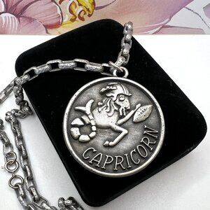 Luca Razza Capricorn Zodiac & Football Pewter Pendant 1970's Necklace